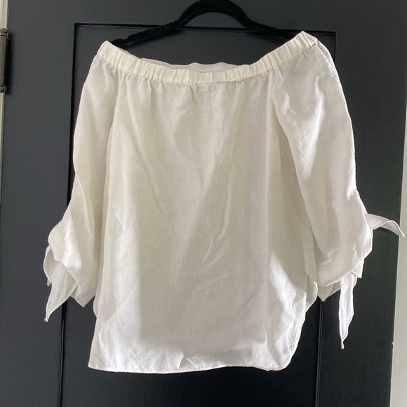 Cute Women’s Laju White Flowy 100% Linen Off the Shoulder Blouse Top Sz M - Picture 3 of 5